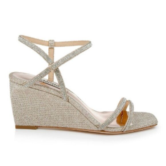 BADGLEY MISCHKA Pale Gold Unity Wedge Sandals Size 8 - Picture 1 of 13